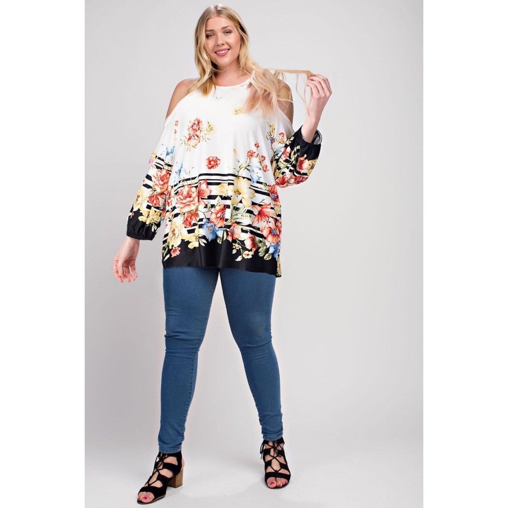 Black Striped Floral Cold Shoulder Top